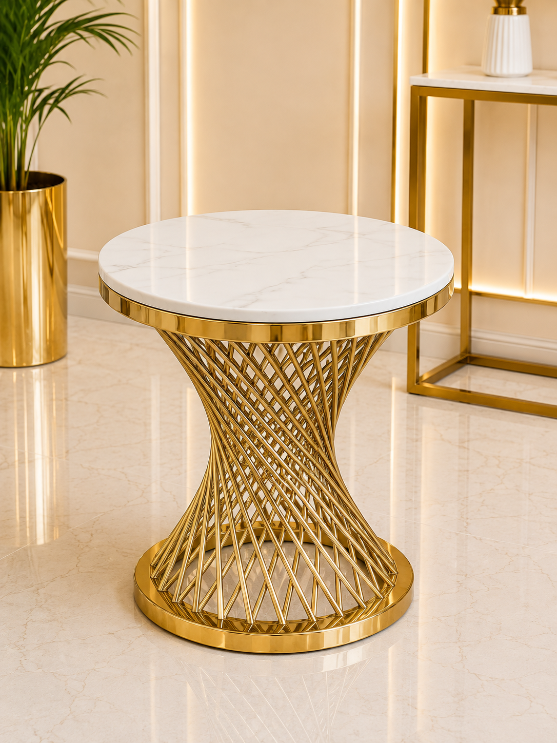 Round side table with white sintered marble top