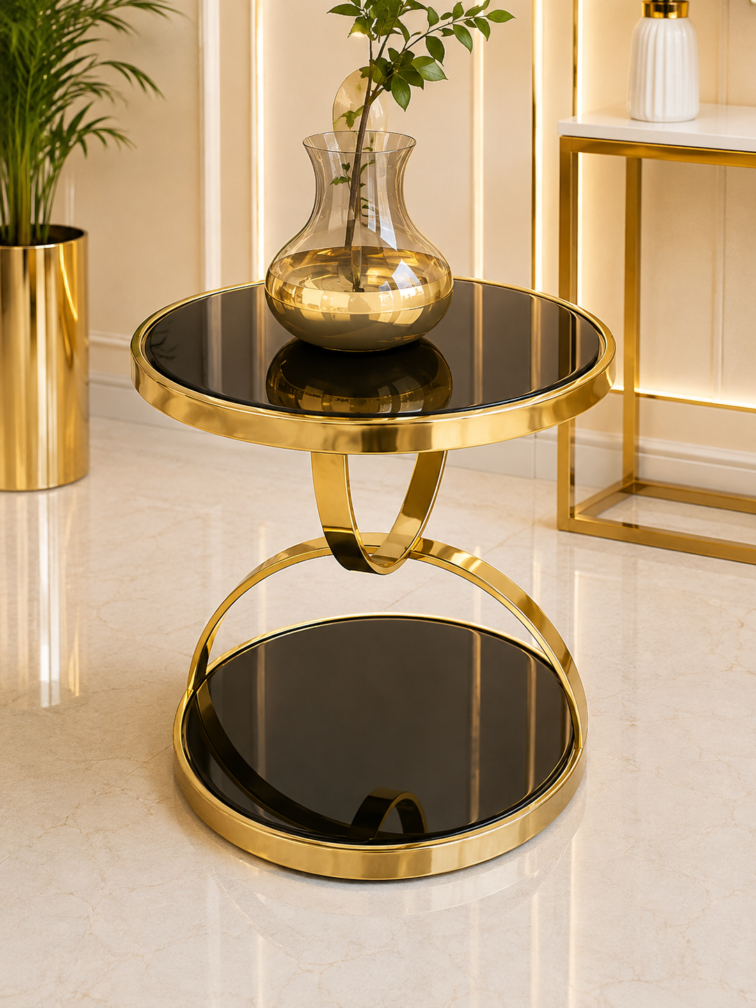 Two-layer side table with gold base and black glass