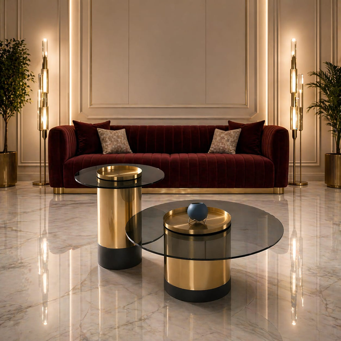 Casa Royale Gold Crest coffee table set with polished metal finish