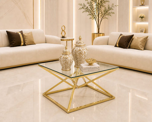 Luxury Coffee Table with Gold Base and Clear Glass Top — Casa Royale Melbourne