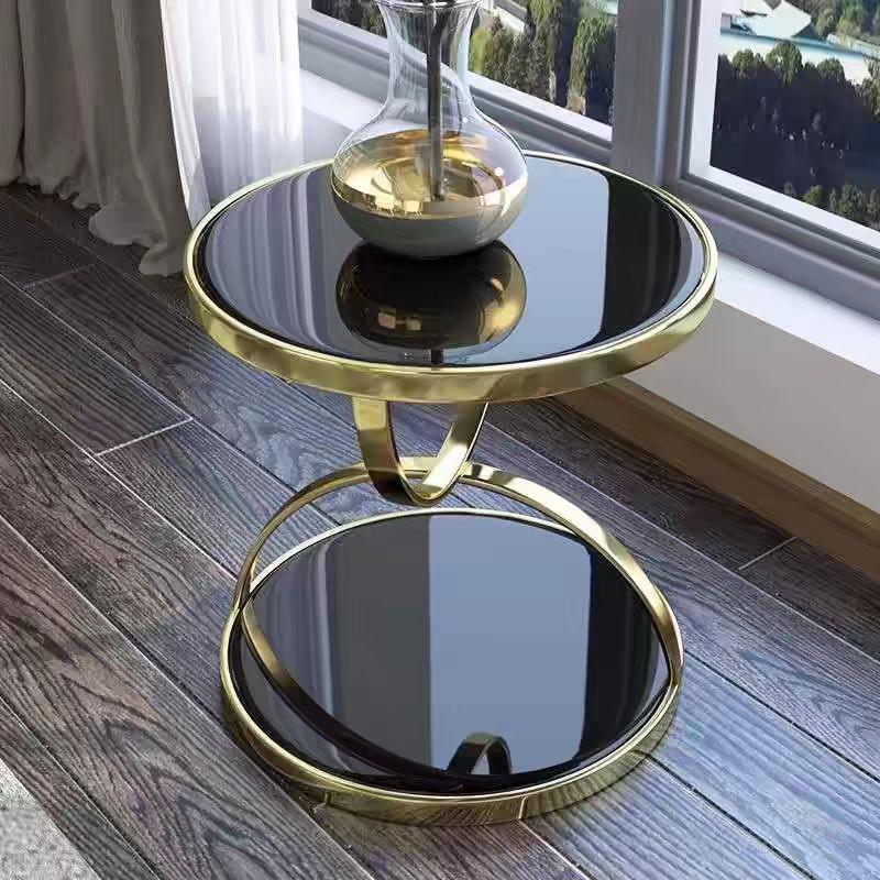 Two Layered Side Table - Gold Base and Black Glass alternate view 4 — Casa Royale Melbourne