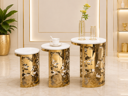 Three-piece nested side tables with sintered marble tops