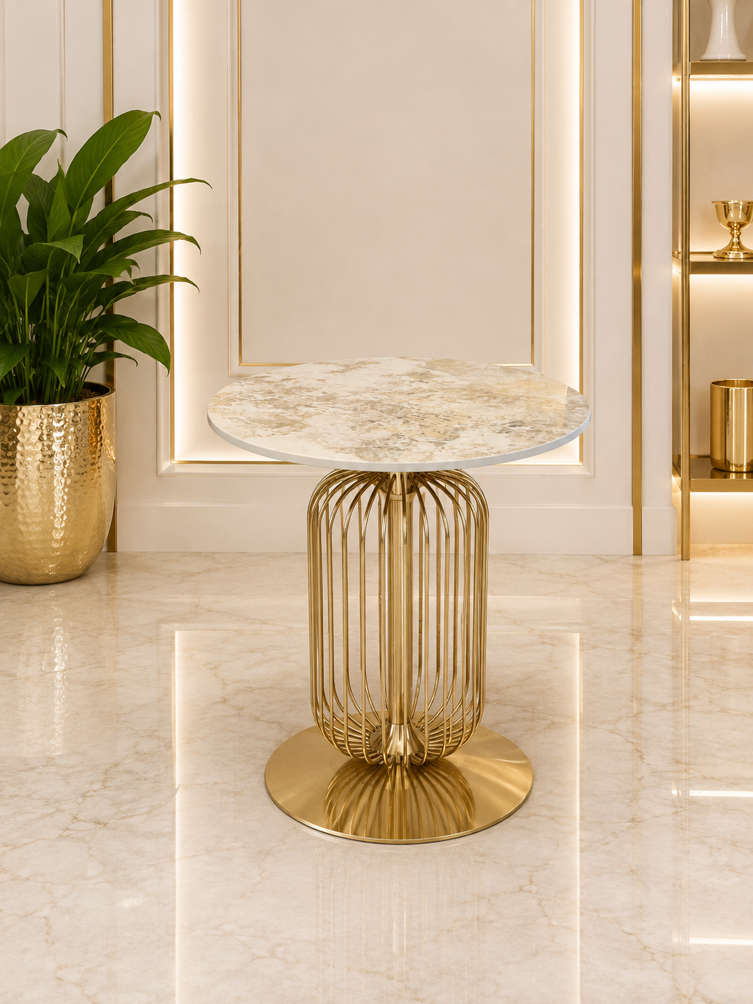 Sleek profile round side table for sofa settings