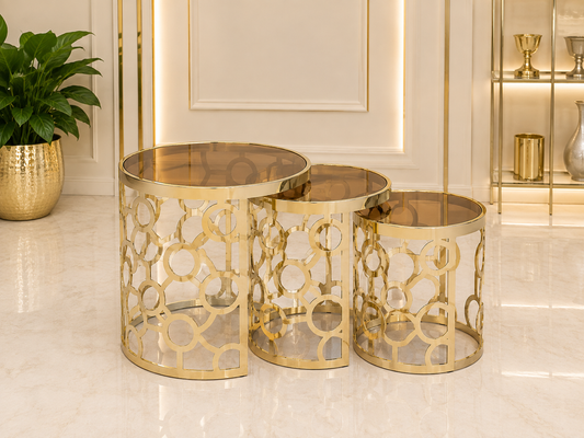 Three-piece nested mesh side table set for Melbourne living rooms