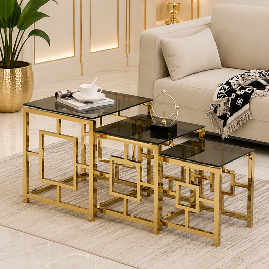 Three-piece nested side tables with glass tops