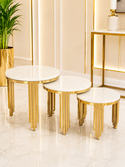 Three-piece nested side table set for flexible living-room styling