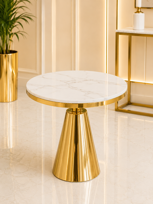Gold side table with white sintered marble top