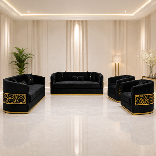 Obsidian Midnight black and gold luxury sofa set at Casa Royale Melbourne