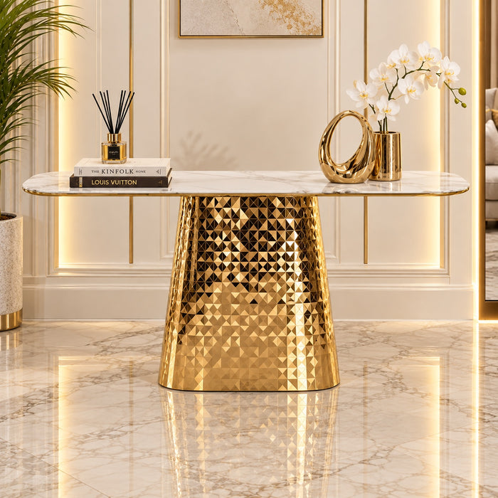 Aurelia Console – Gold Edition with marble-look top and faceted gold-tone base