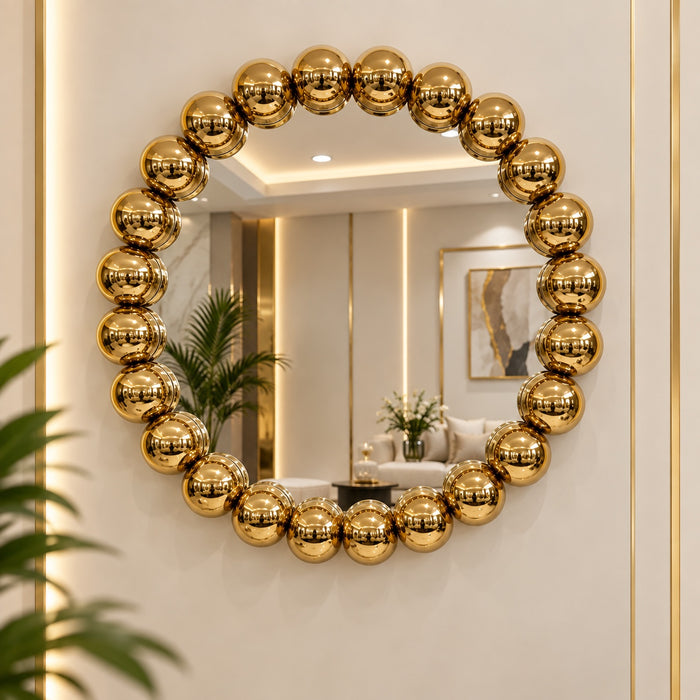 Aurelia Halo Mirror – Gold Edition, 90 × 90 cm, stainless-steel frame with PVD-polished chrome gold finish
