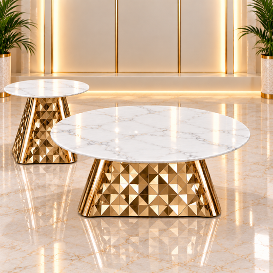 Aurelia coffee and side table set with white patterned tops and faceted gold bases