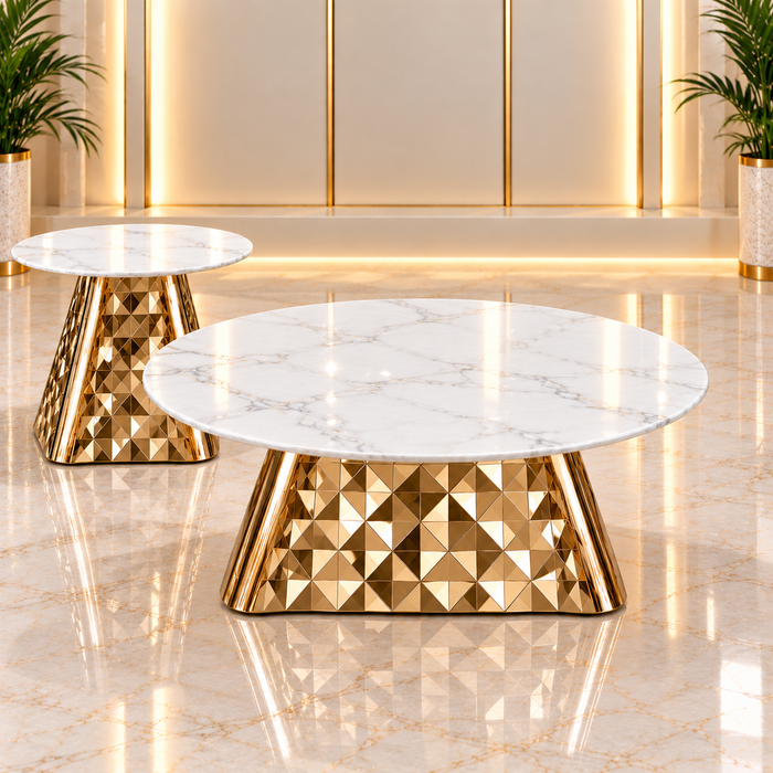 Aurelia coffee and side table set with white patterned tops and faceted gold bases