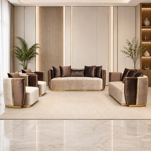 Monaco cream and chocolate velvet full sofa set front view