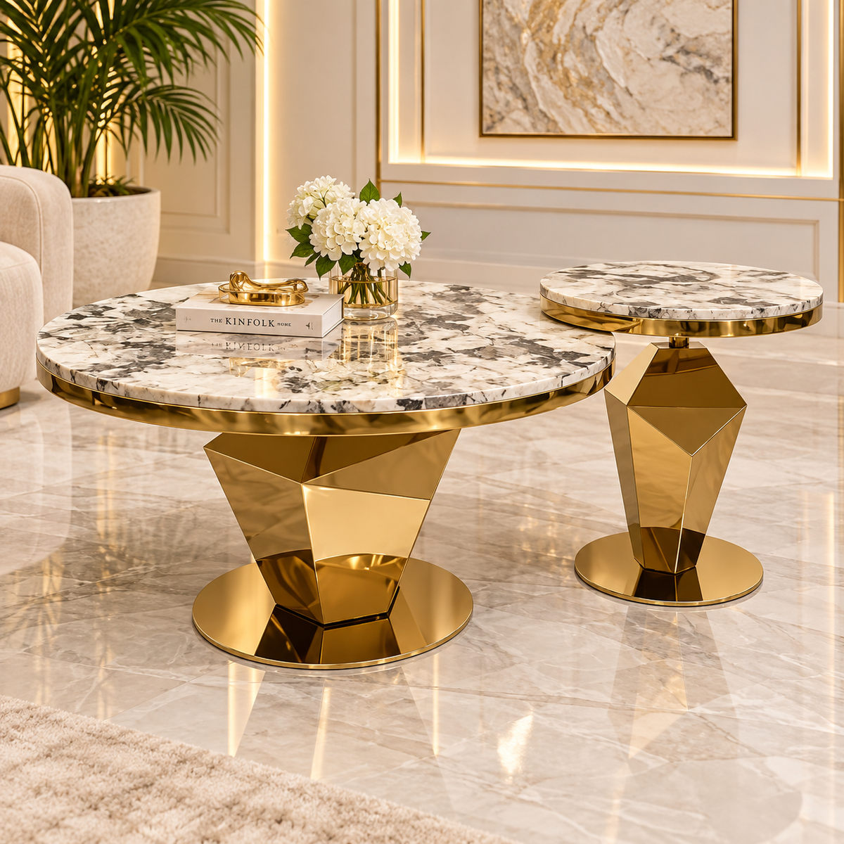 Prisma coffee and side table collection with patterned tops and faceted gold-tone bases